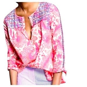 J Crew Pink Floral Blue Embroidered Boho Top 00